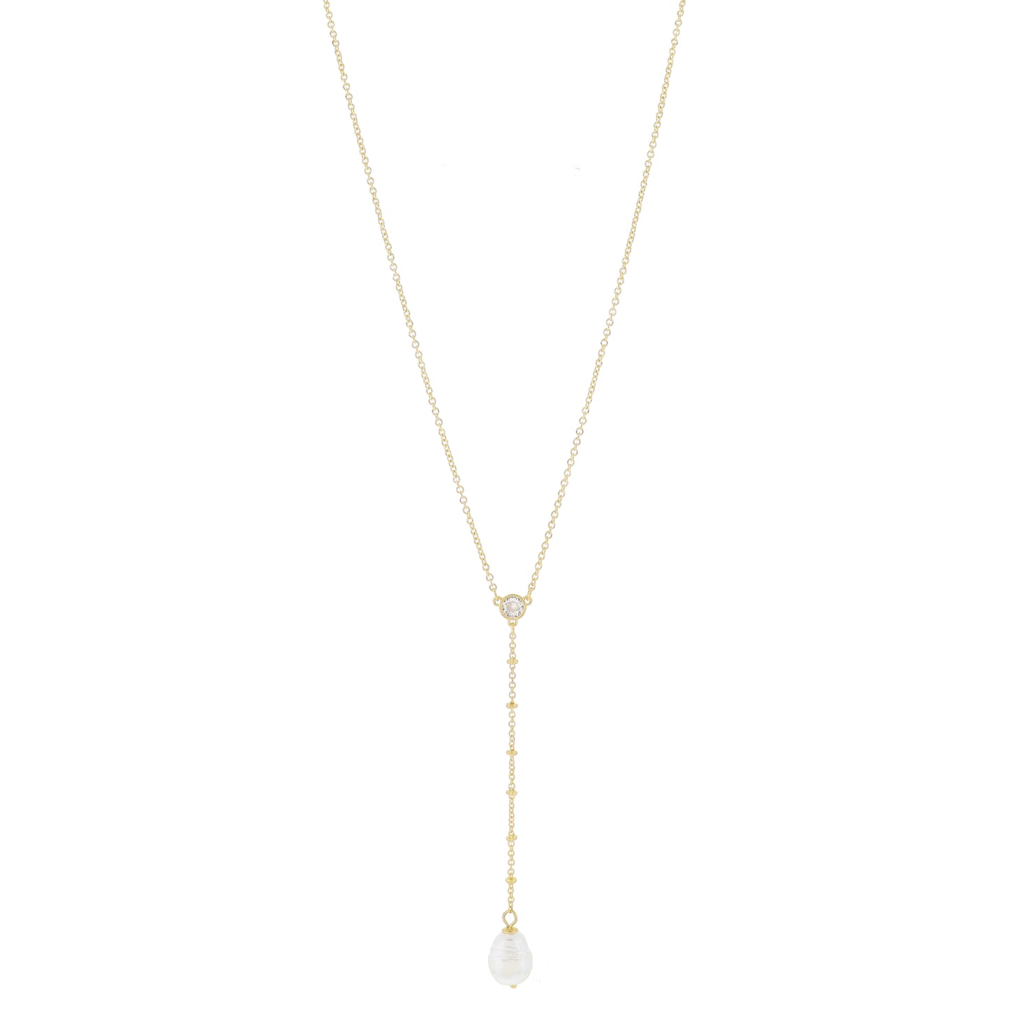 Adj. Clear Crystal with Gold Satellite Chain and Pearl Lariat Drop Necklace, 2.75" Pendant