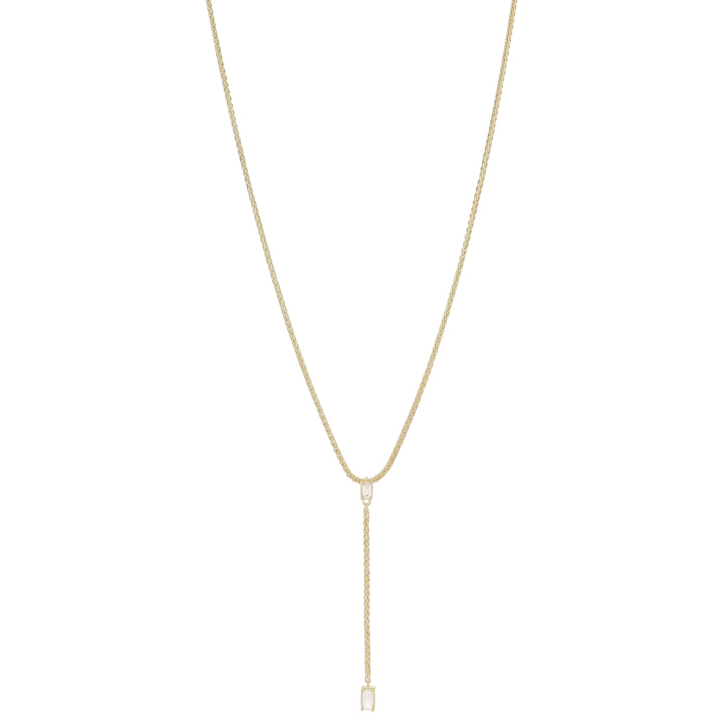 Adj. Clear Baguette Crystal, Gold Wheat Chain & Larger Crystal Lariat Drop Necklace, 2.85" Pendant