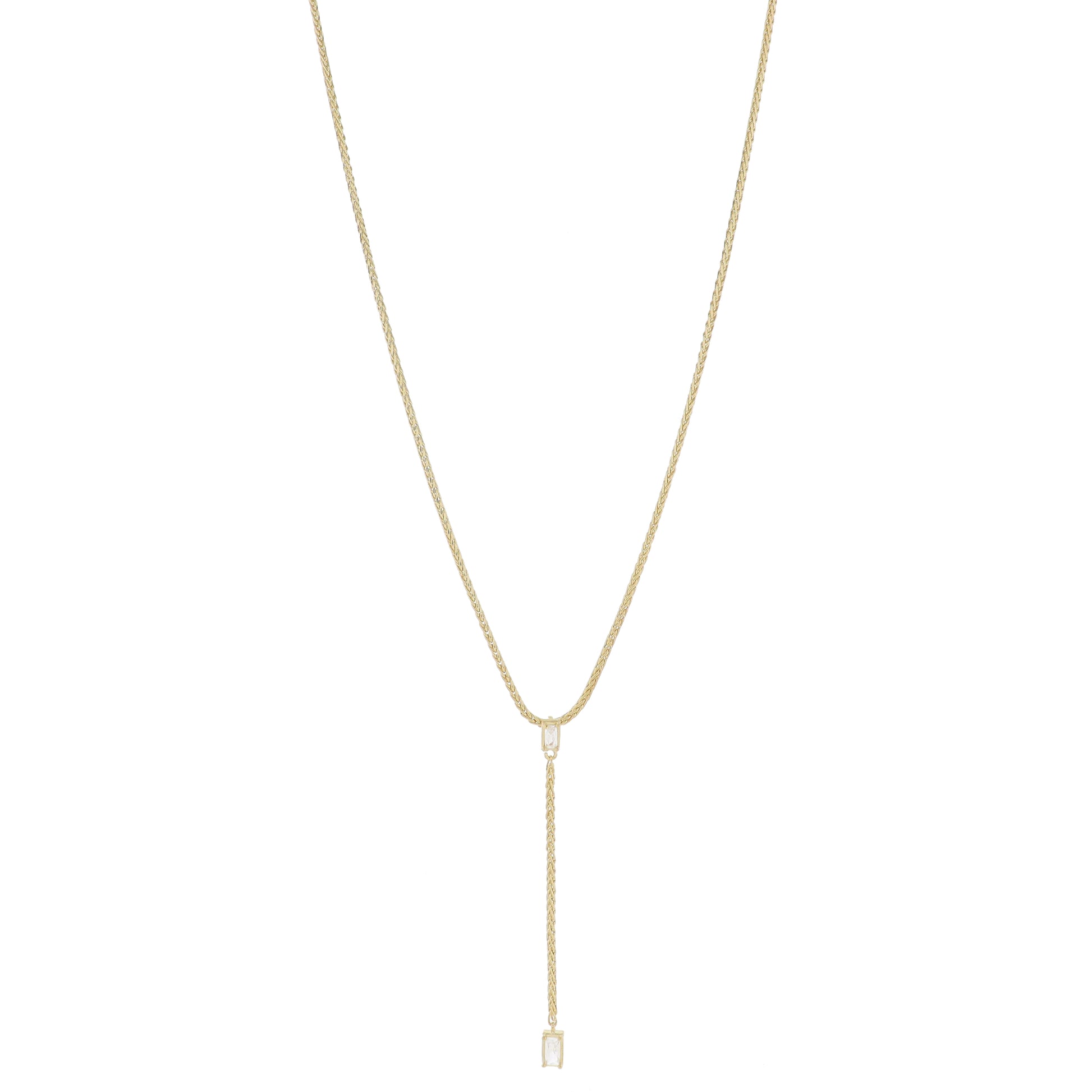 Adj. Clear Baguette Crystal, Gold Wheat Chain & Larger Crystal Lariat Drop Necklace, 2.85" Pendant