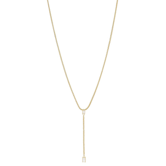 Adj. Clear Baguette Crystal, Gold Wheat Chain & Larger Crystal Lariat Drop Necklace, 2.85" Pendant