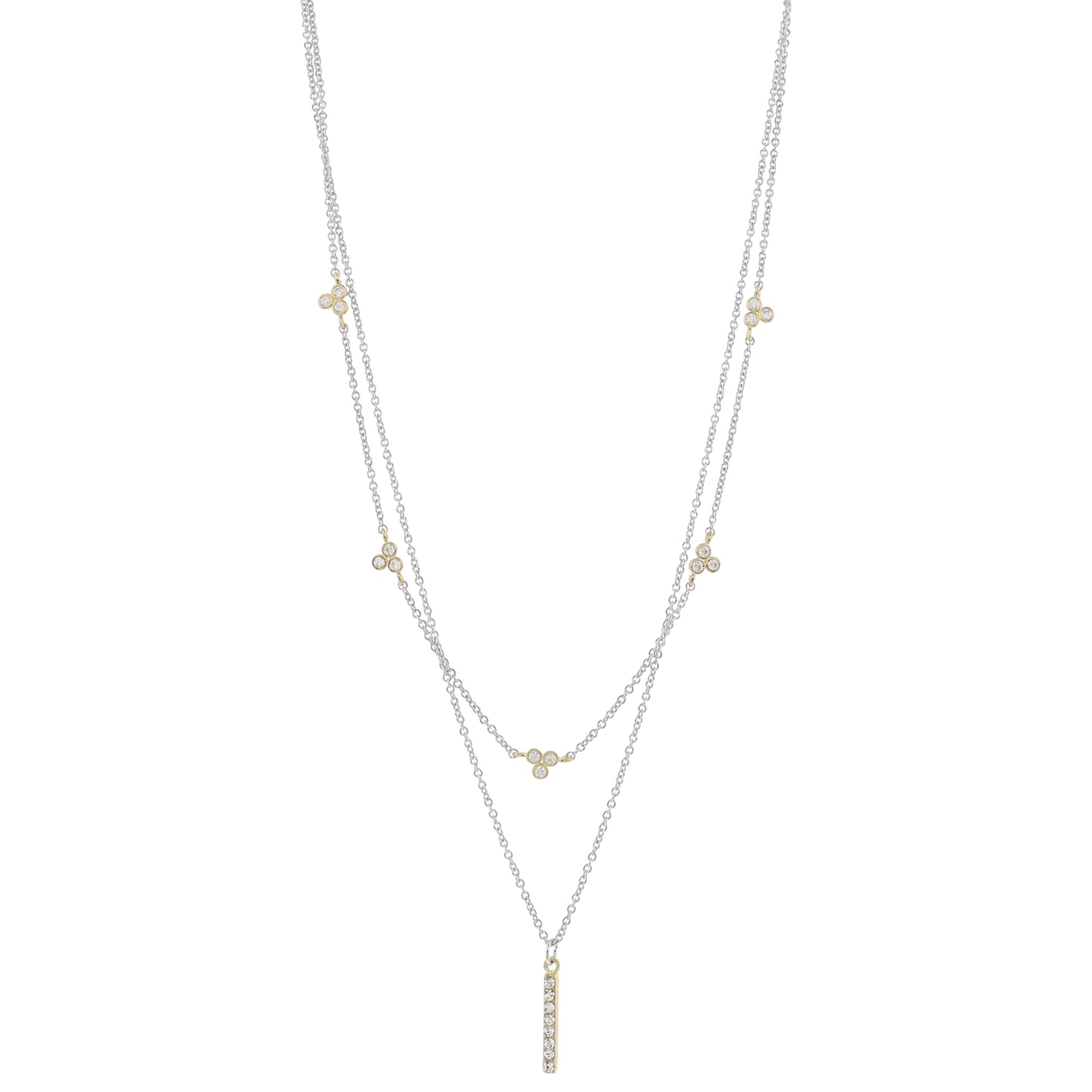 Adj. 2 Strand Layered Silver Chains & Crystal Trios, Gold Crystal Bar Necklace, .25", .75" Pendant
