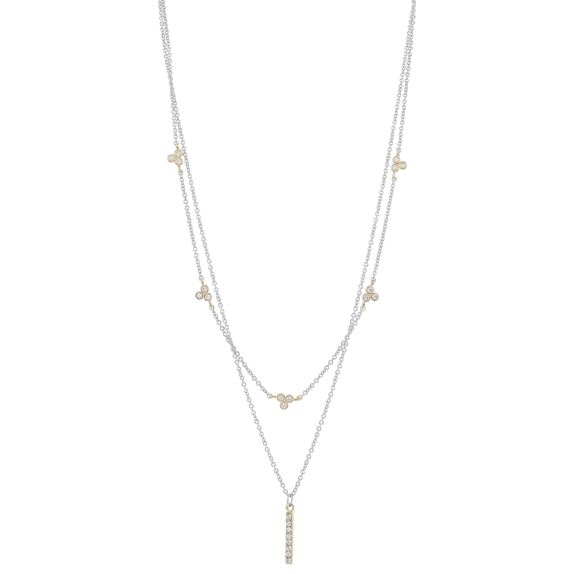 Adj. 2 Strand Layered Silver Chains & Crystal Trios, Gold Crystal Bar Necklace, .25", .75" Pendant