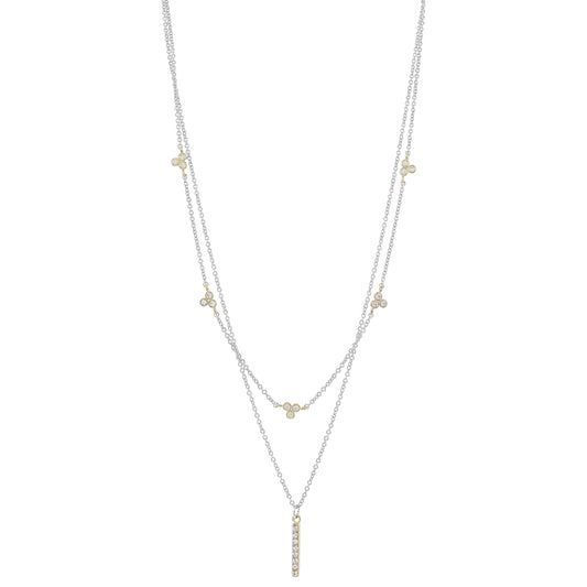 Adj. 2 Strand Layered Silver Chains & Crystal Trios, Gold Crystal Bar Necklace, .25", .75" Pendant