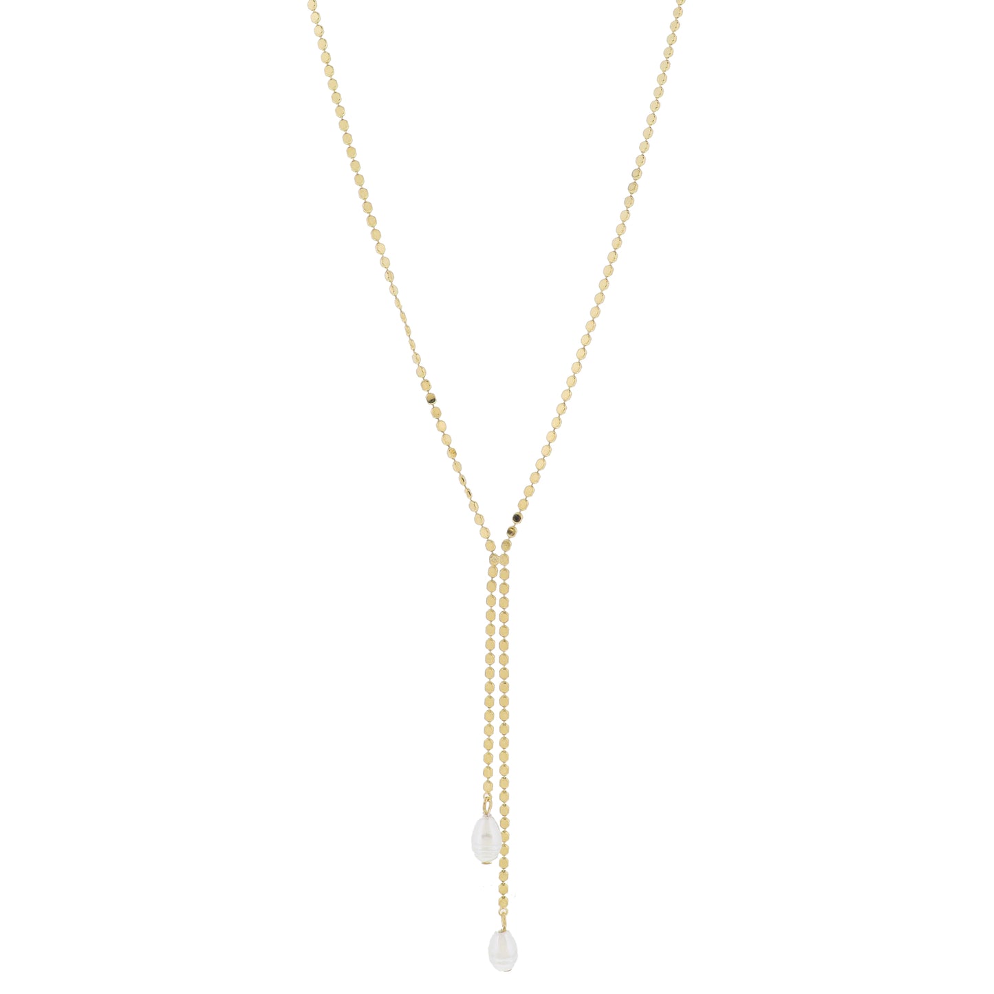 Adj. Gold Flat Chain with Double Lariats with Pearl Drops Necklace, 2.25", 3.25" Pendant