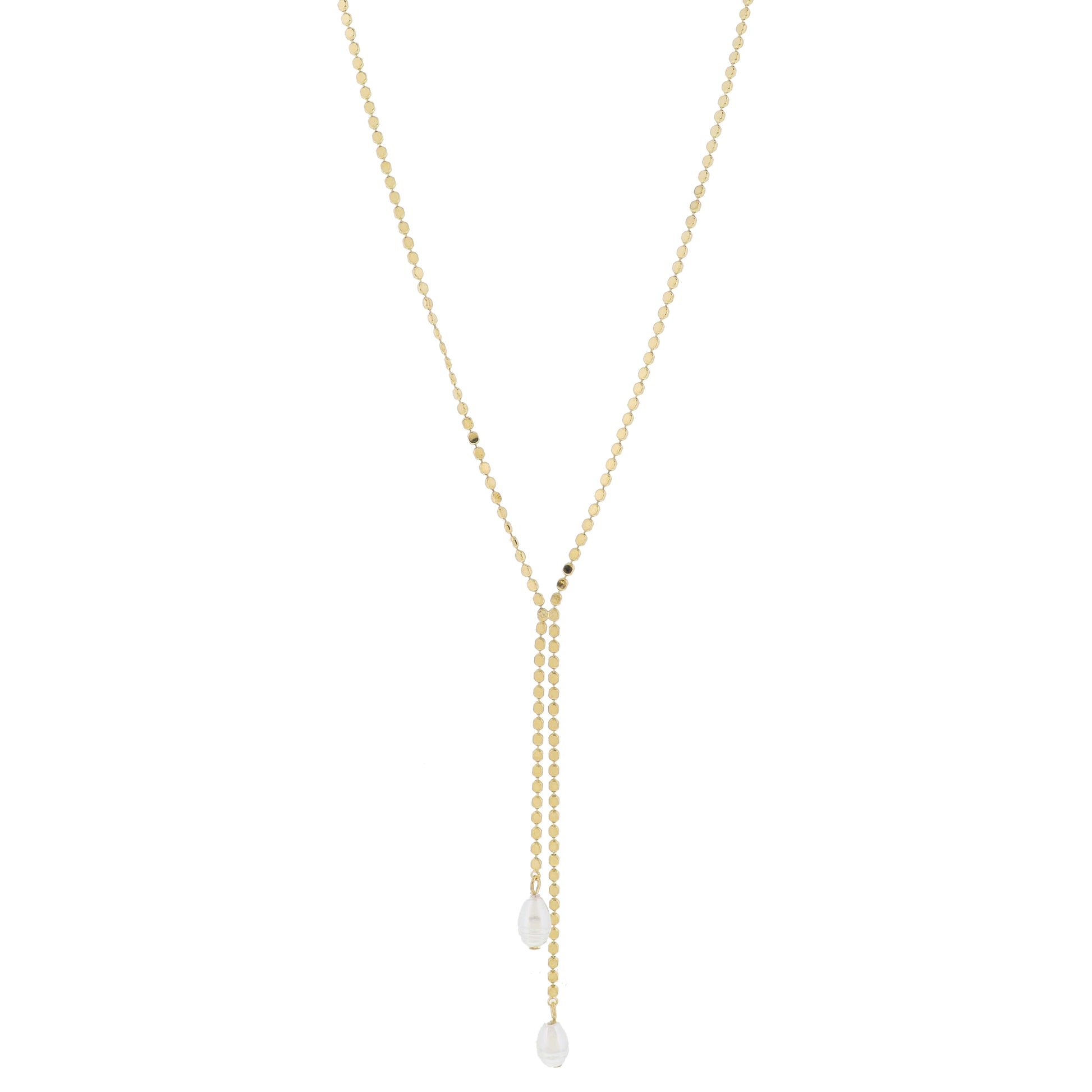 Adj. Gold Flat Chain with Double Lariats with Pearl Drops Necklace, 2.25", 3.25" Pendant