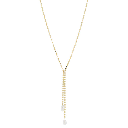 Adj. Gold Flat Chain with Double Lariats with Pearl Drops Necklace, 2.25", 3.25" Pendant