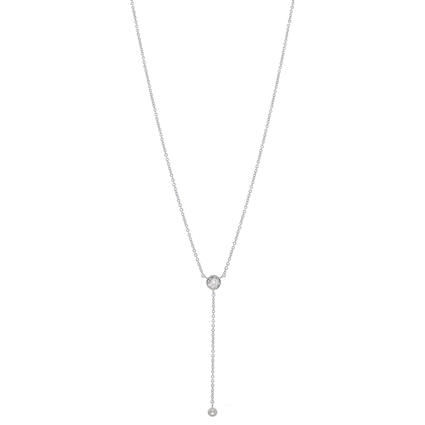 Adj. Clear Crystal with Silver Chain and Small Clear Crystal Lariat Drop Necklace, 2.25" Pendant