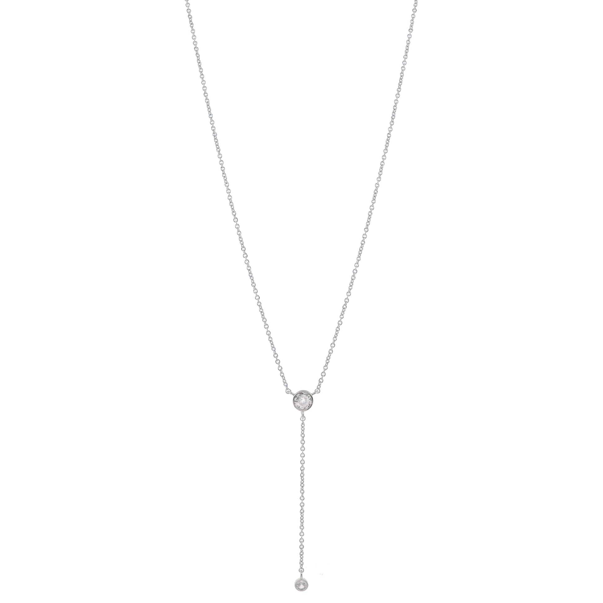 Adj. Clear Crystal with Silver Chain and Small Clear Crystal Lariat Drop Necklace, 2.25" Pendant
