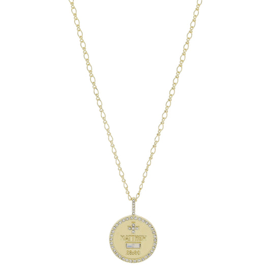16" Gold Disc with Crystal Cross, "MATTHEW 28:20", Crystal Accent & Crystal Edge Necklace, 3" Ext