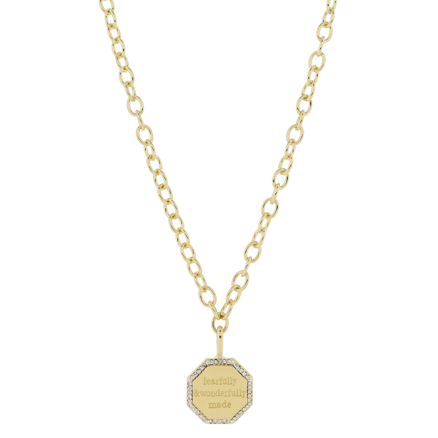 16" Gold Octagon with "fearfully & wonderfully made" and Mini Crystal Edge Necklace, 3" Ext