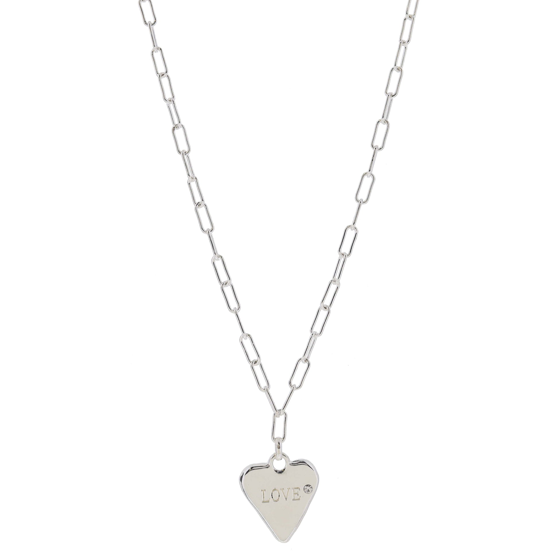 16" Silver Abstract Heart with "LOVE" and Crystal Accent Necklace, 3" Ext