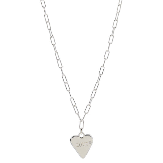 16" Silver Abstract Heart with "LOVE" and Crystal Accent Necklace, 3" Ext