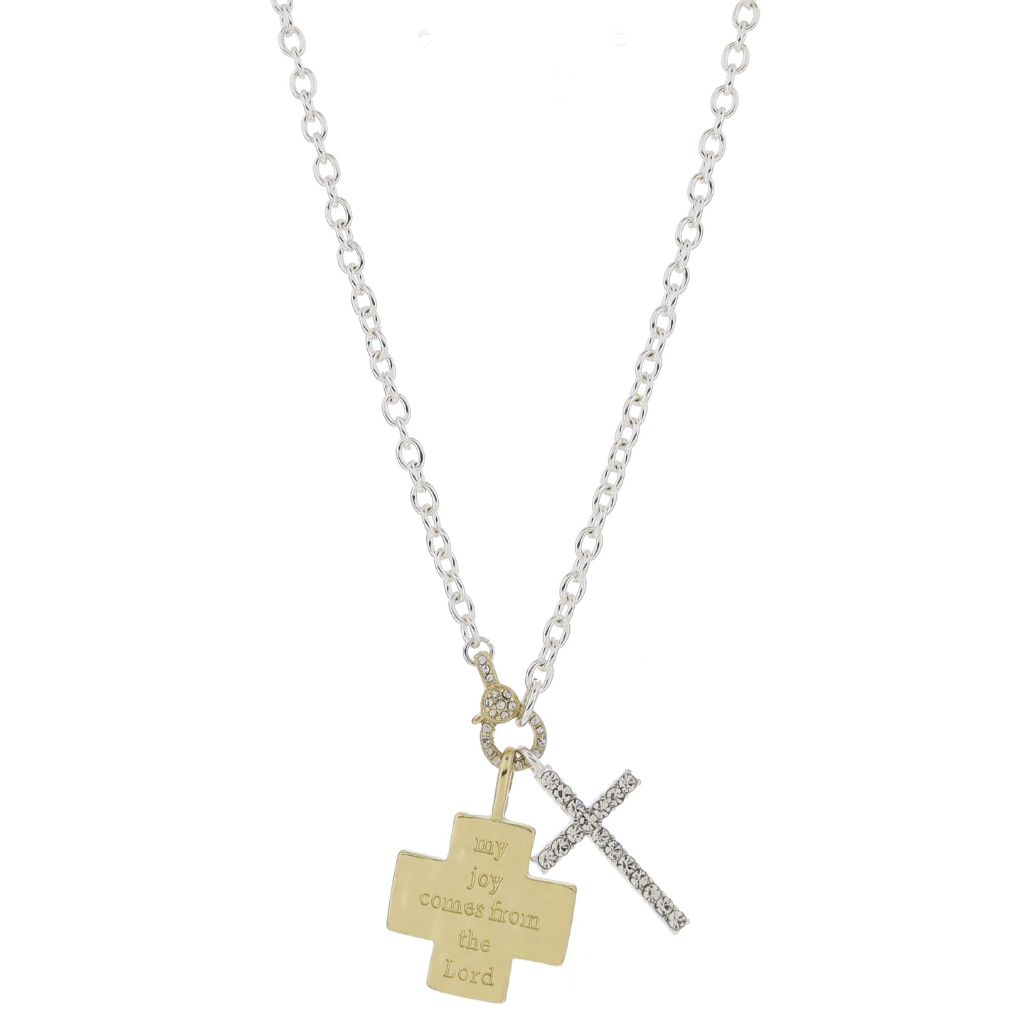 16" Gold Pave Faux Clasp, Gold Cross, "my joy comes from the Lord" & Silver Cross Necklace, 3" Ext