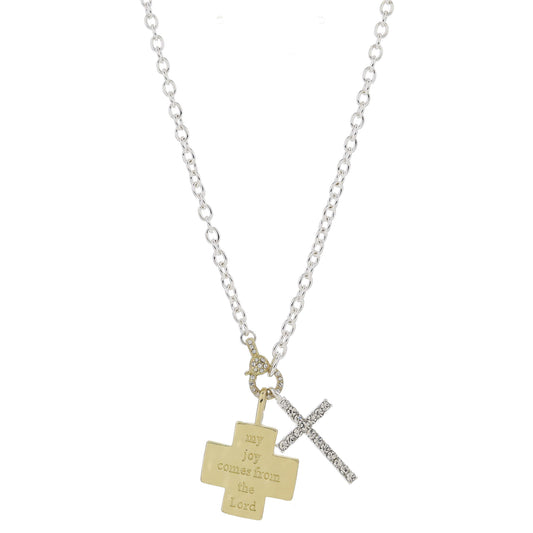 16" Gold Pave Faux Clasp, Gold Cross, "my joy comes from the Lord" & Silver Cross Necklace, 3" Ext