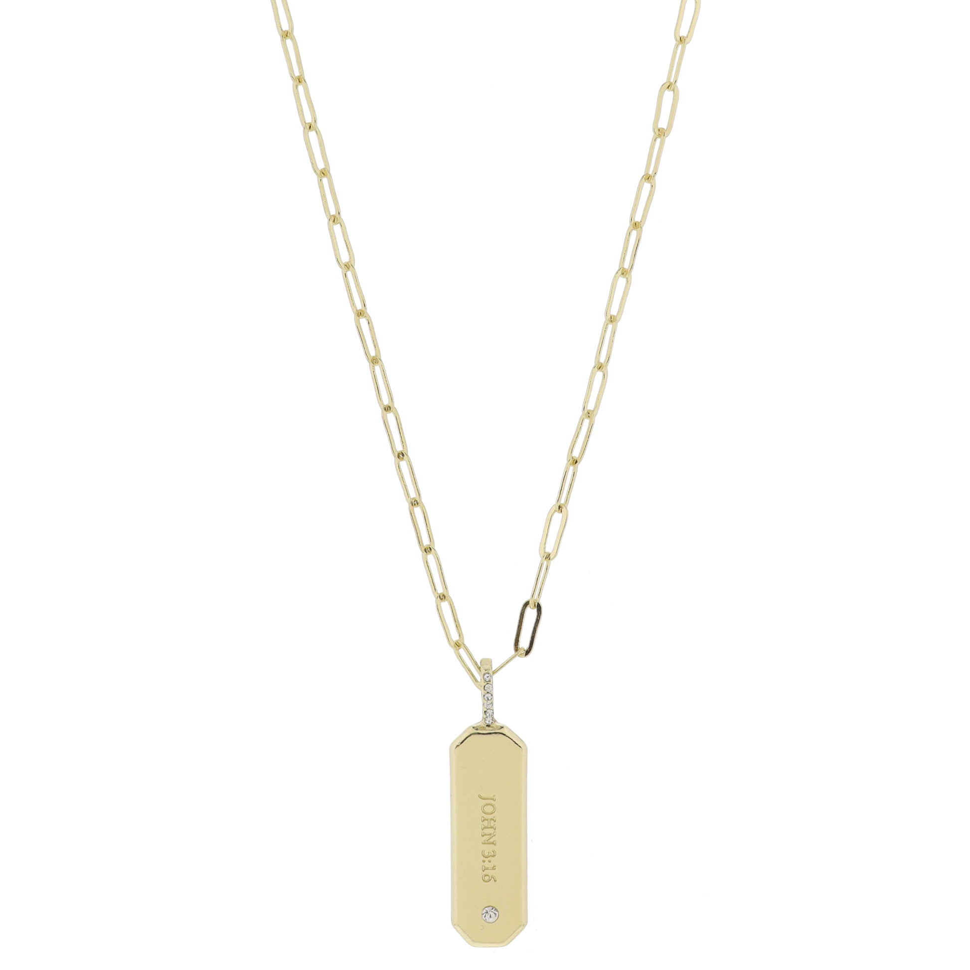 16" Gold Enlongated Cut Corner Rectangle with "JOHN 3:16" and Crystal Accents Necklace, 3" Ext