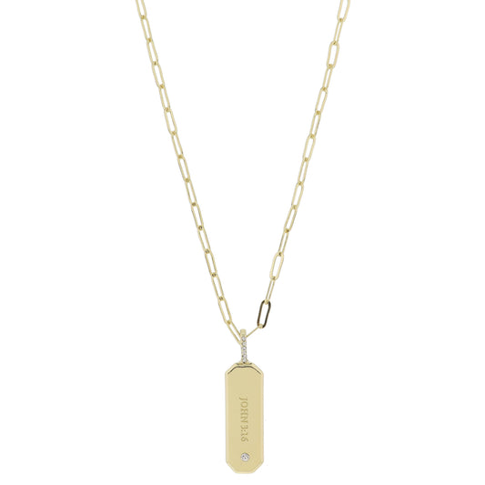 16" Gold Enlongated Cut Corner Rectangle with "JOHN 3:16" and Crystal Accents Necklace, 3" Ext