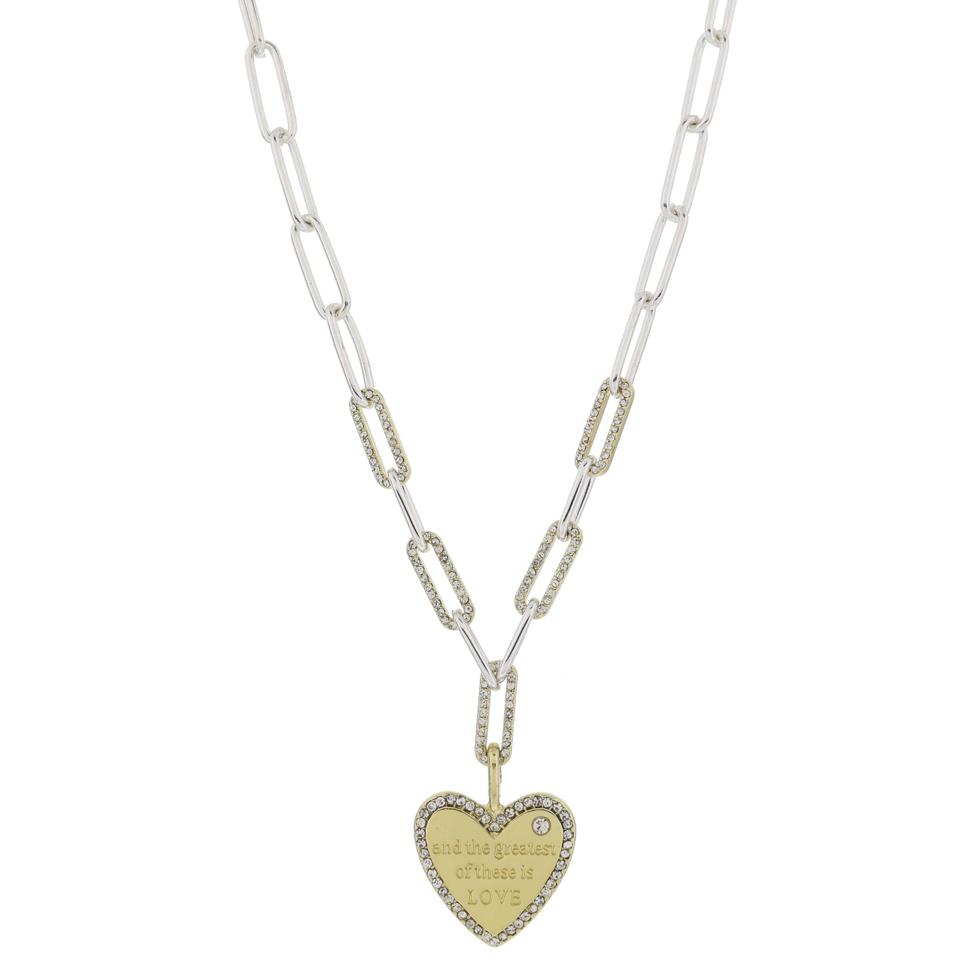 16" Gold Heart, "and the greatest of these is LOVE", Crystal Accent, Crystal Edge Necklace, 3" Ext
