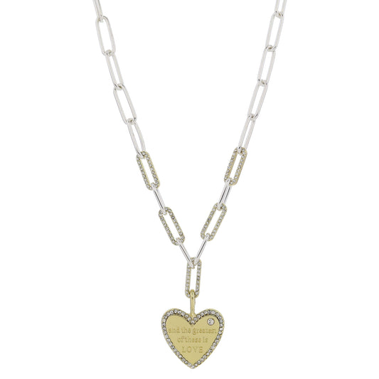 16" Gold Heart, "and the greatest of these is LOVE", Crystal Accent, Crystal Edge Necklace, 3" Ext