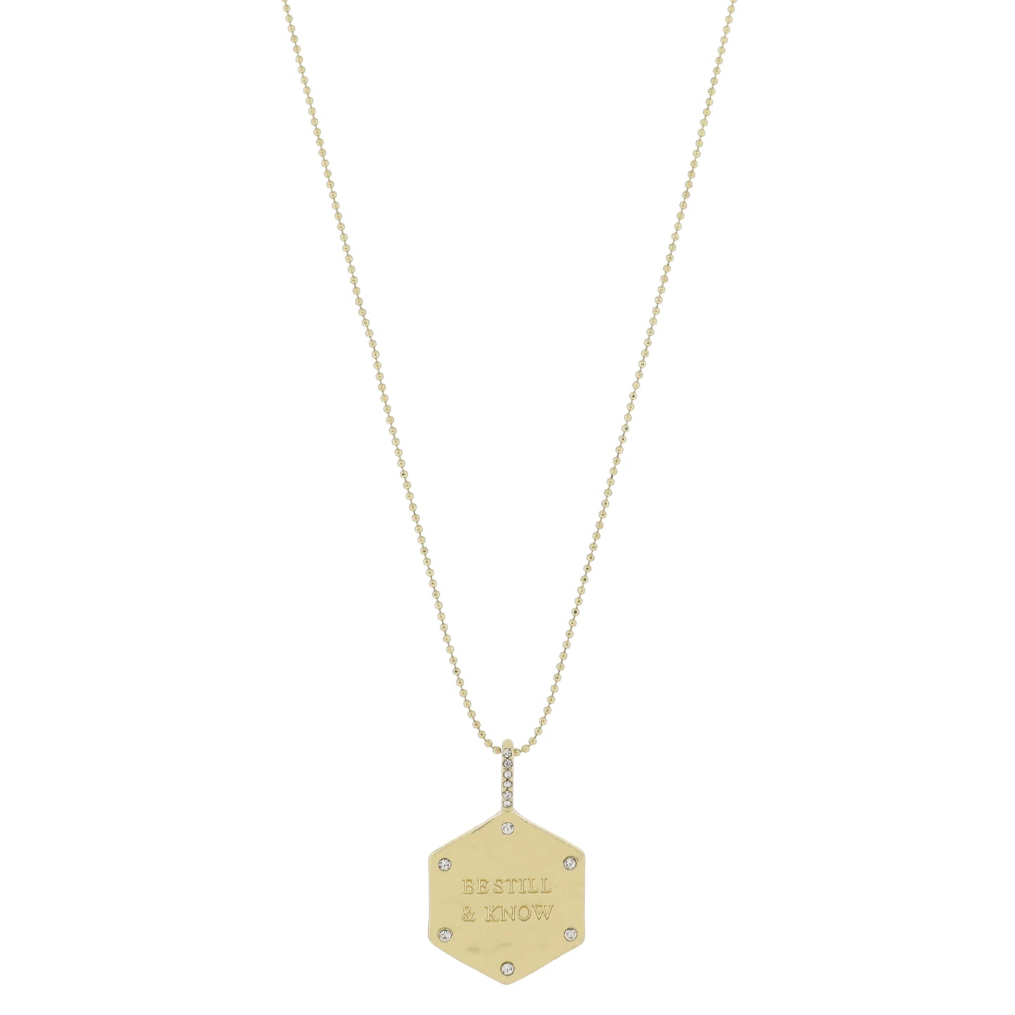 16" Gold Hammered Hexagon with "BE STILL & KNOW" with Crystal Accents Necklace, 3" Ext