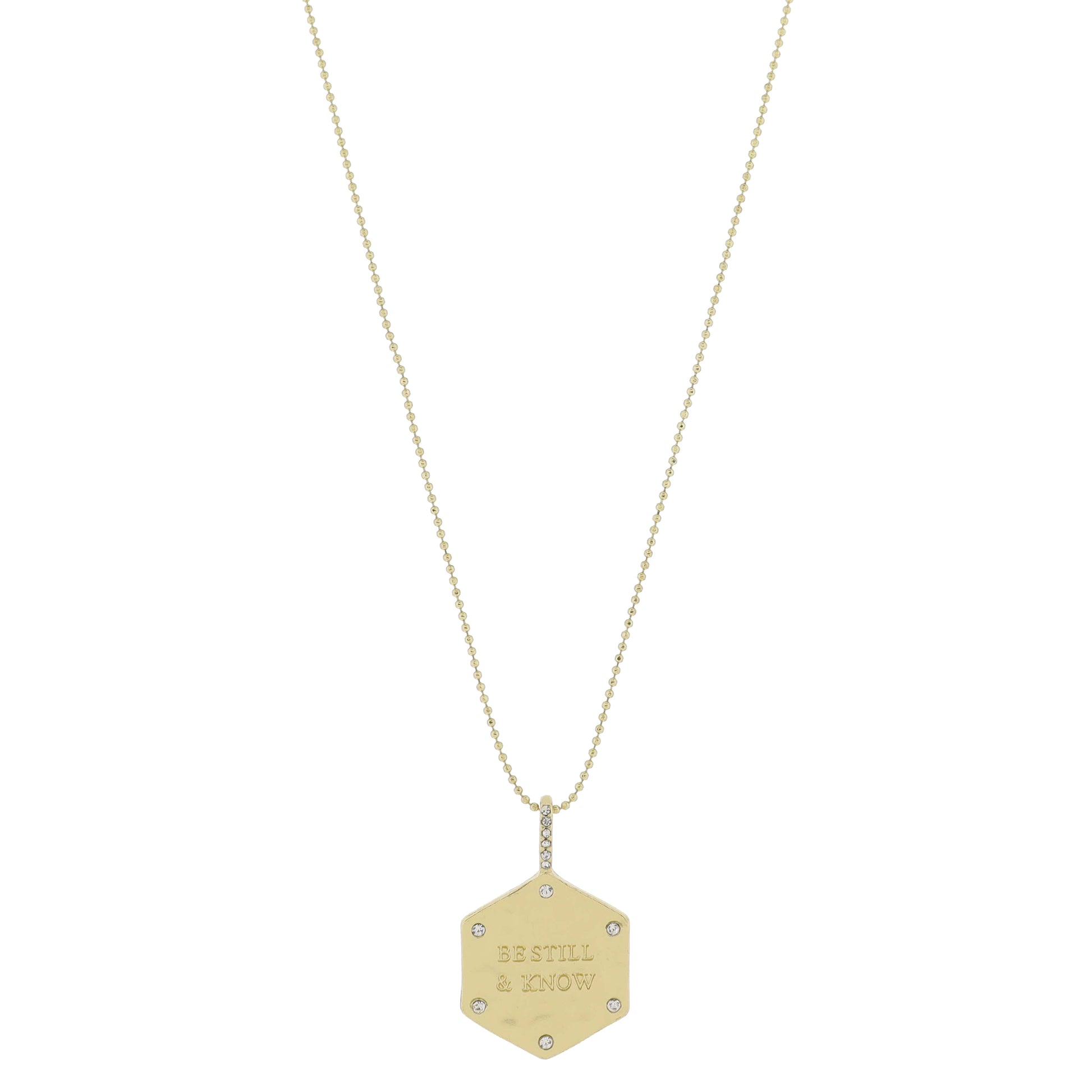 16" Gold Hammered Hexagon with "BE STILL & KNOW" with Crystal Accents Necklace, 3" Ext