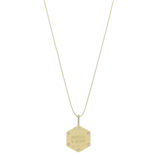 16" Gold Hammered Hexagon with "BE STILL & KNOW" with Crystal Accents Necklace, 3" Ext
