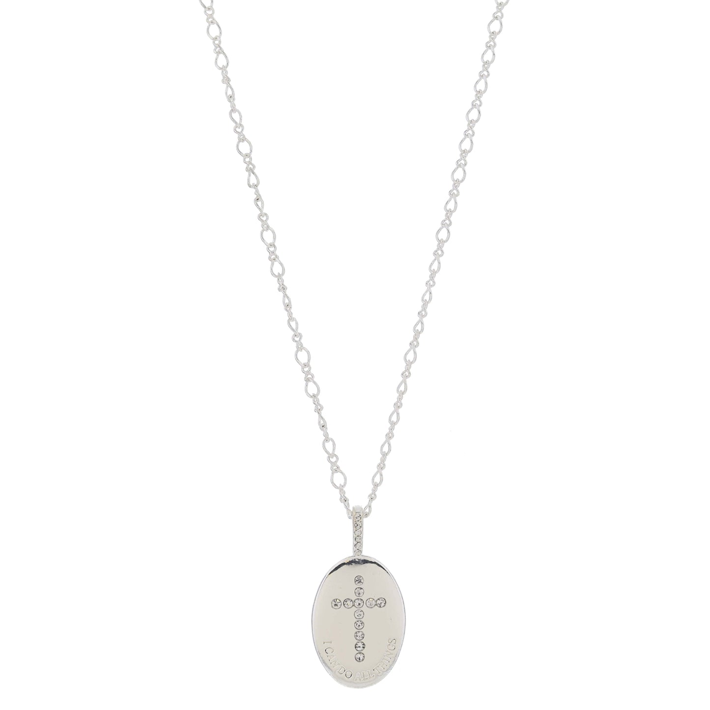 16" Silver Oval with Circle Crystal Cross and "I CAN DO ALL THINGS" Necklace, 3" Ext
