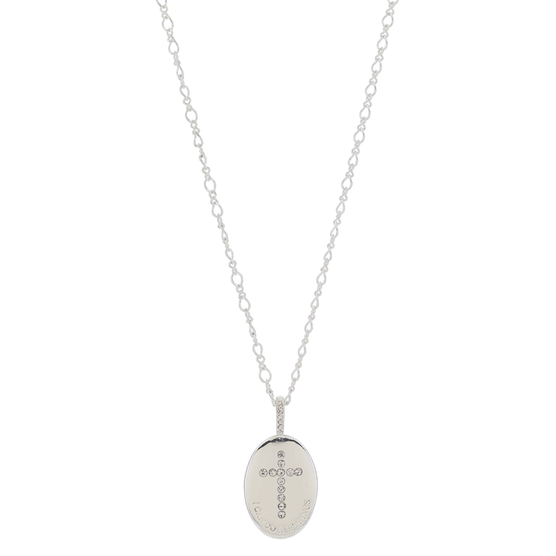 16" Silver Oval with Circle Crystal Cross and "I CAN DO ALL THINGS" Necklace, 3" Ext