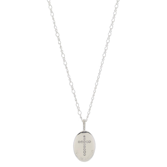 16" Silver Oval with Circle Crystal Cross and "I CAN DO ALL THINGS" Necklace, 3" Ext
