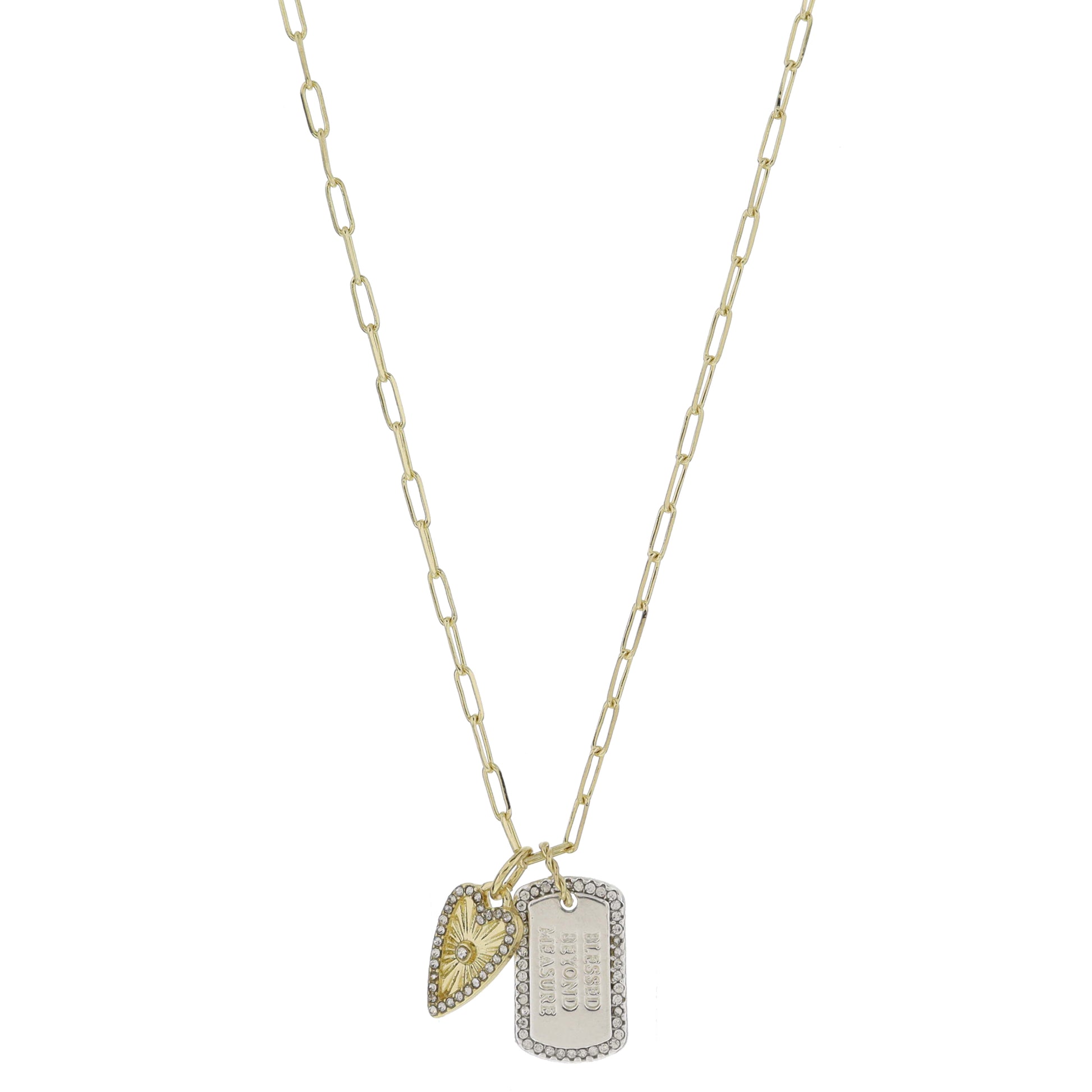 16" Gold Sunburst Heart with Crystal Edge, Silver Dogtag "BLESSED BEYOND MEASURE" Necklace, 3" Ext