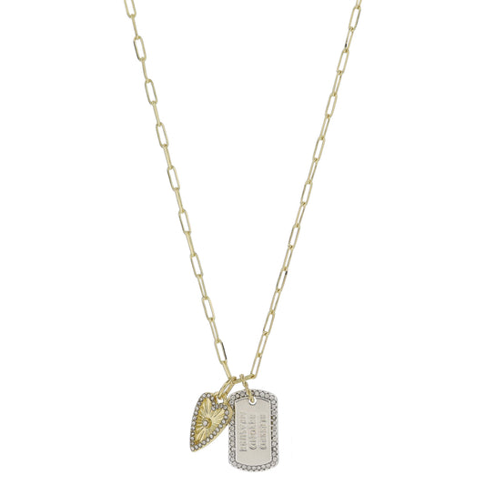 16" Gold Sunburst Heart with Crystal Edge, Silver Dogtag "BLESSED BEYOND MEASURE" Necklace, 3" Ext