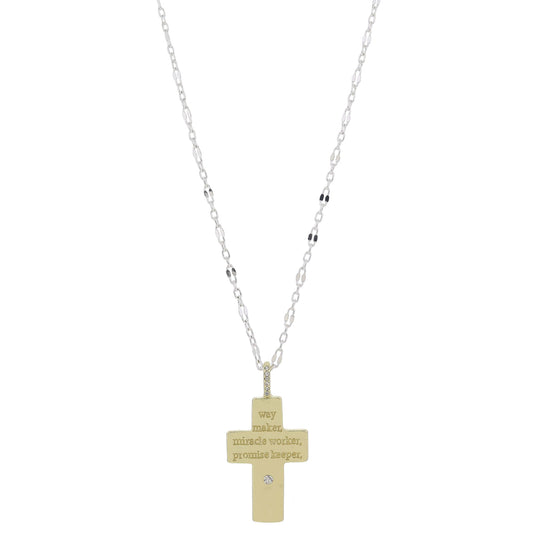 16" Gold Cross with "way maker, miracle worker, promise keeper" & Crystal Accents Necklace, 3" Ext