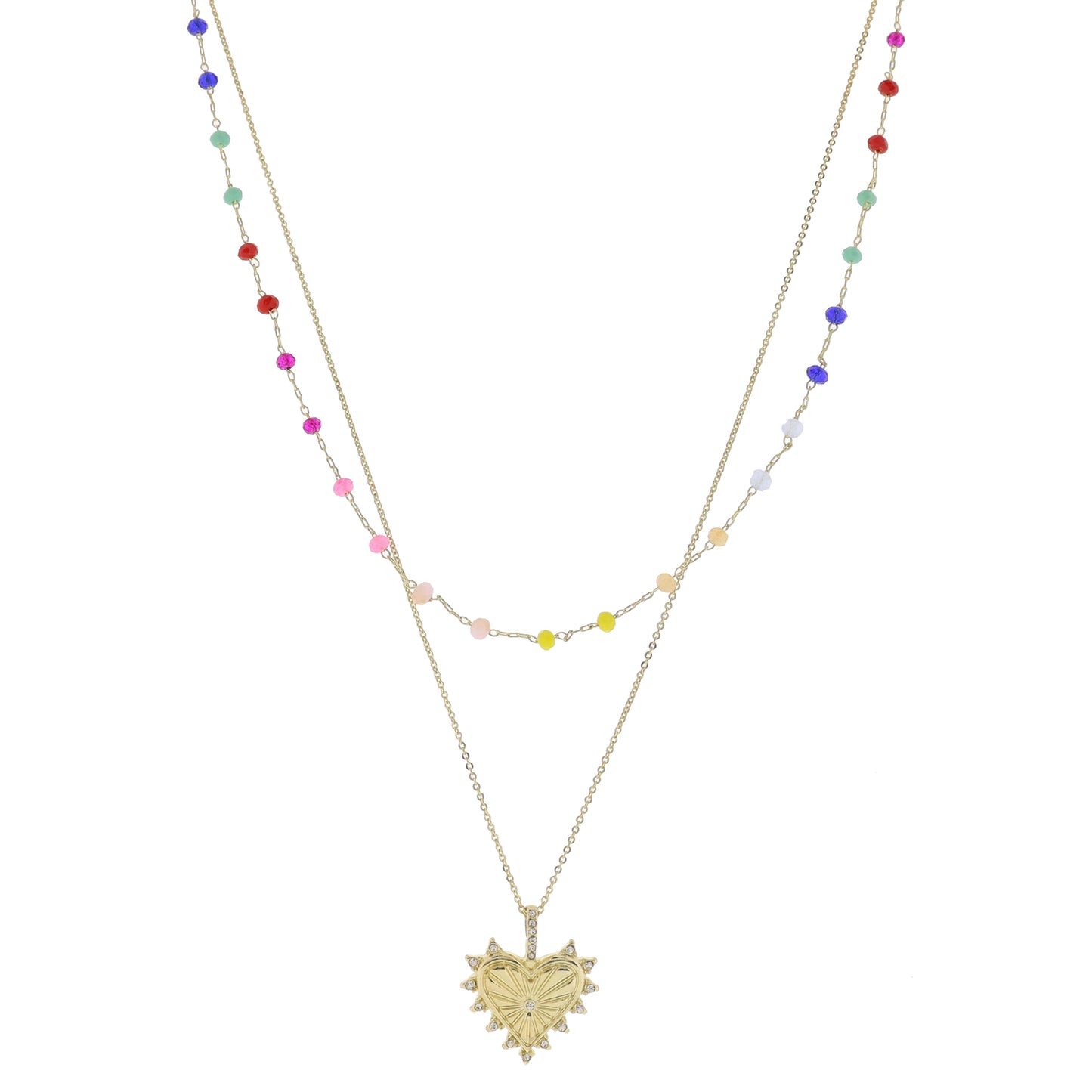 15", 17" 2 Strand, Multi Beaded & Gold Chain, Sunburst Heart & Crystal Studs Necklace, .75" Pendant