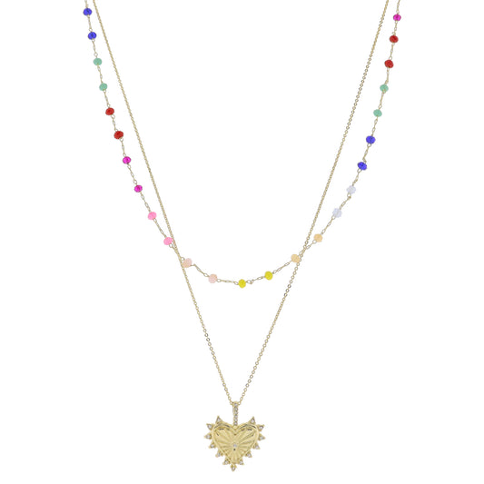 15", 17" 2 Strand, Multi Beaded & Gold Chain, Sunburst Heart & Crystal Studs Necklace, .75" Pendant