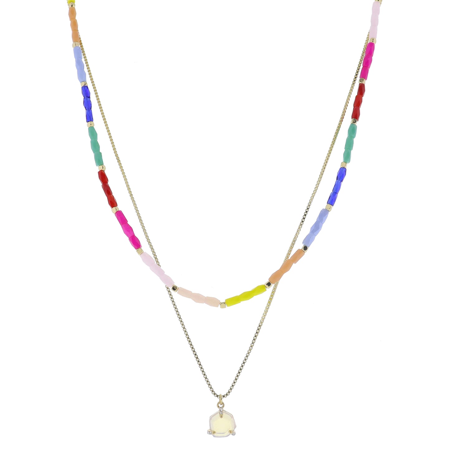 15", 17" 2 Strand, Colorblock Beaded, Gold Chain, Opalite with Crystal Prong Necklace, .35" Pendant