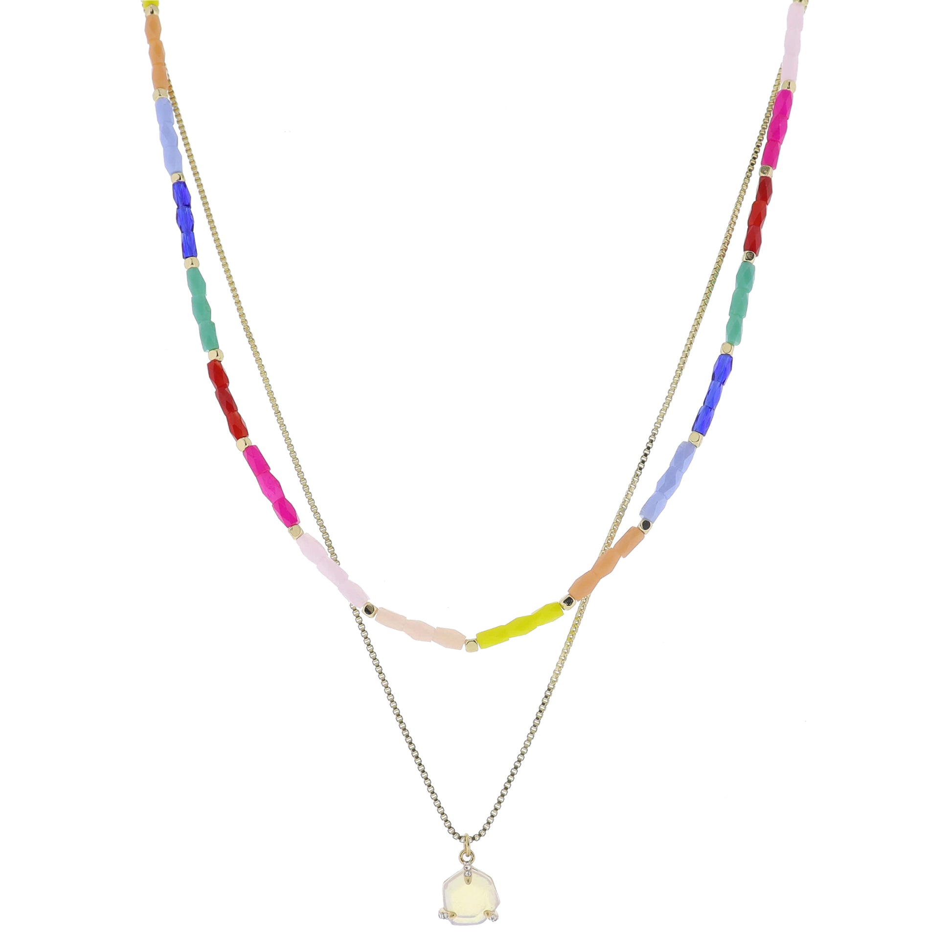15", 17" 2 Strand, Colorblock Beaded, Gold Chain, Opalite with Crystal Prong Necklace, .35" Pendant