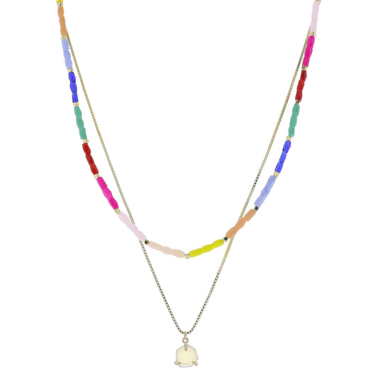 15", 17" 2 Strand, Colorblock Beaded, Gold Chain, Opalite with Crystal Prong Necklace, .35" Pendant