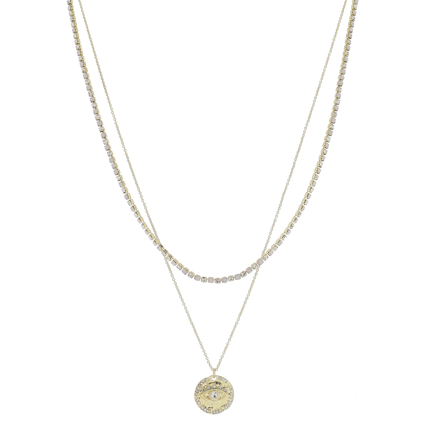 15", 17" 2 Strand, Moonstone & Crystal Tennis, Gold Chain & Evil Eye Disc Necklace, .65" Pendant