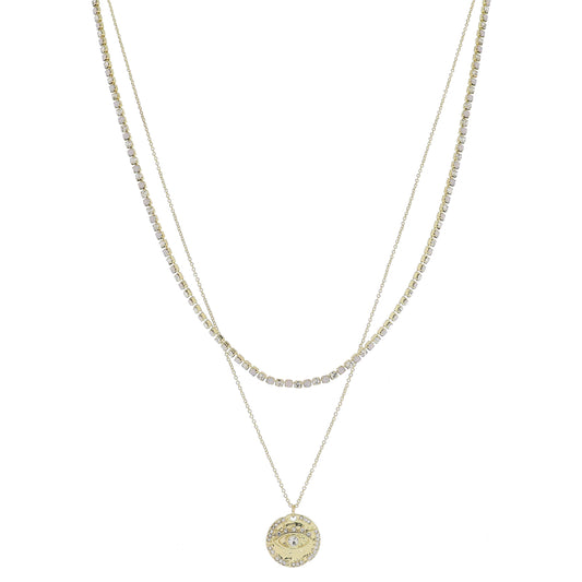 15", 17" 2 Strand, Moonstone & Crystal Tennis, Gold Chain & Evil Eye Disc Necklace, .65" Pendant