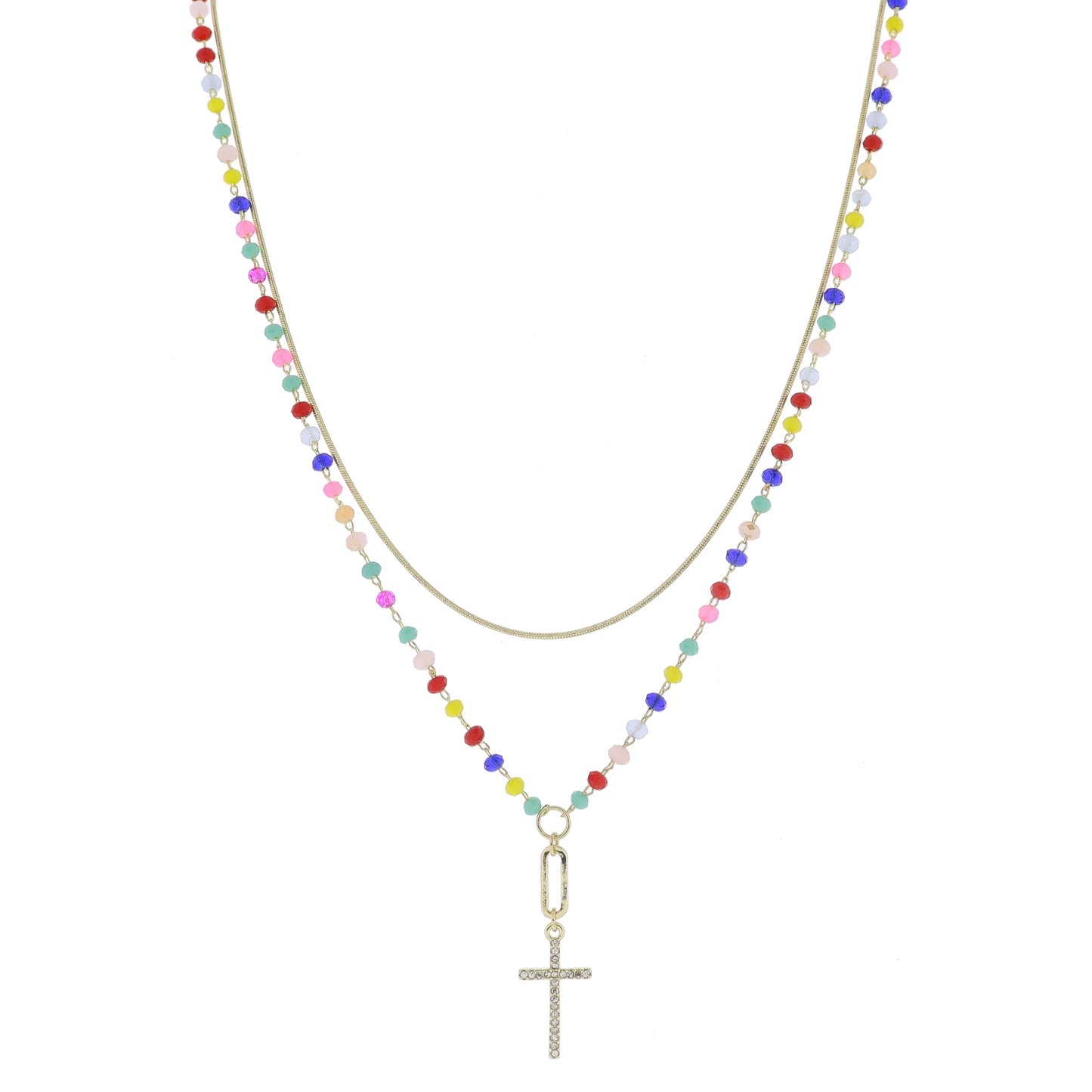 15", 17" 2 Strand, Gold Chain, Faceted Chain with Y-Drop Paperclip & Cross Necklace, 1.25" Pendant