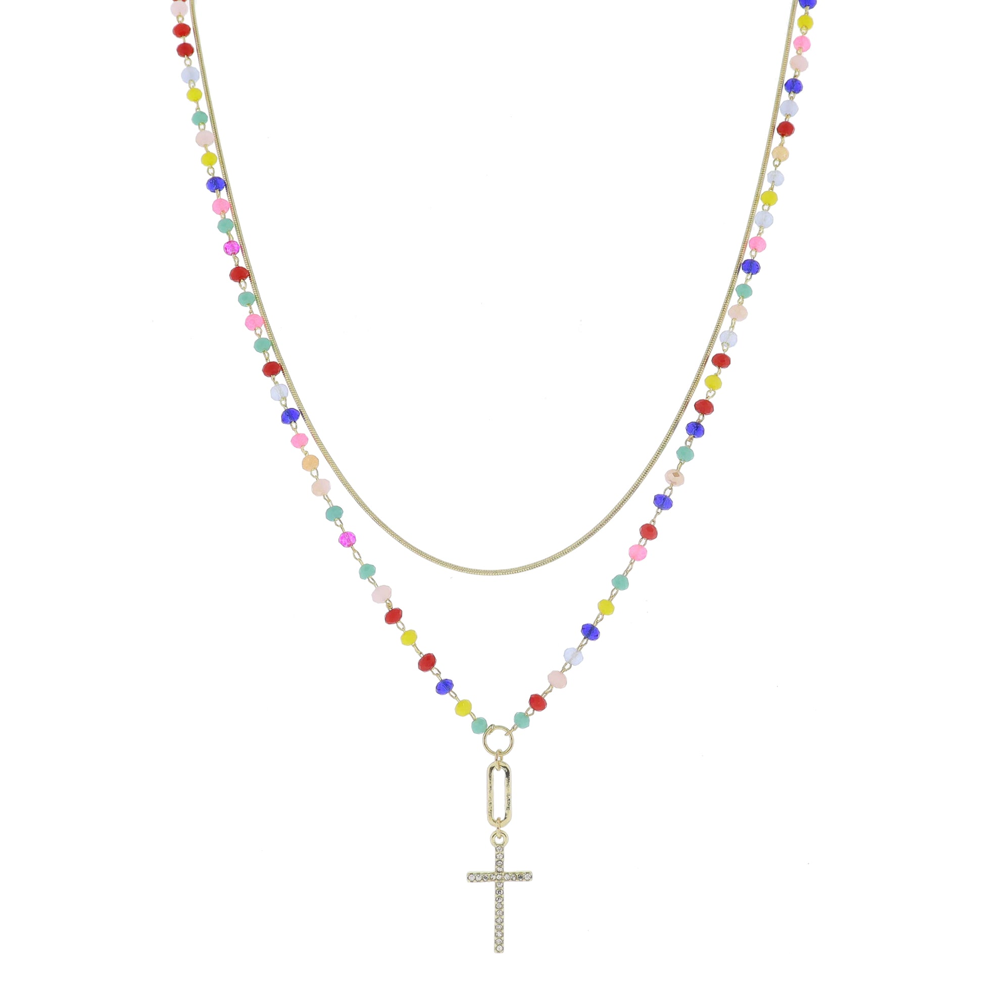 15", 17" 2 Strand, Gold Chain, Faceted Chain with Y-Drop Paperclip & Cross Necklace, 1.25" Pendant