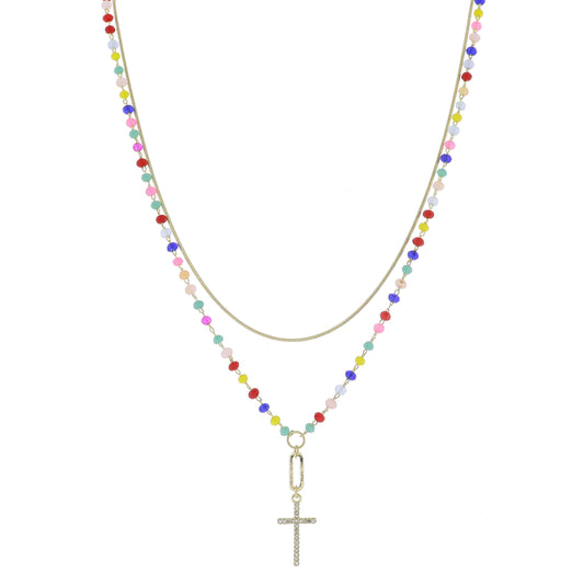 15", 17" 2 Strand, Gold Chain, Faceted Chain with Y-Drop Paperclip & Cross Necklace, 1.25" Pendant