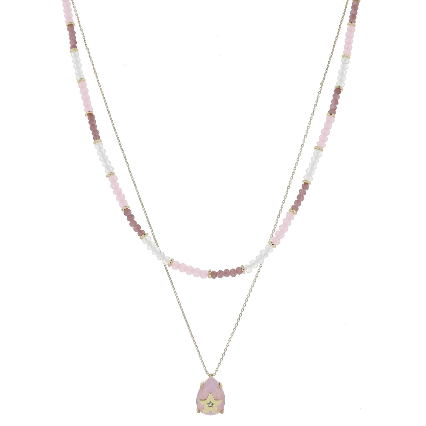 15", 17" 2 Strand, Colorblock Pink & Moonstone Beaded, Chain, Teardrop, Star Necklace, .65" Pendant