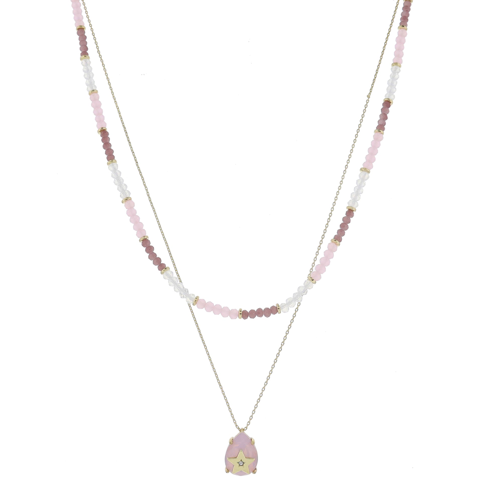 15", 17" 2 Strand, Colorblock Pink & Moonstone Beaded, Chain, Teardrop, Star Necklace, .65" Pendant