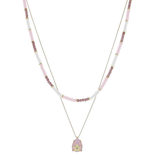 15", 17" 2 Strand, Colorblock Pink & Moonstone Beaded, Chain, Teardrop, Star Necklace, .65" Pendant