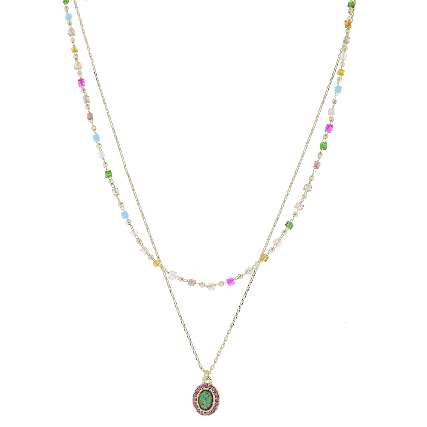 15", 17" 2 Strand, Multi Cube & Ball Beaded Link Chain, Chain & Purple Opal Necklace, .5" Pendant