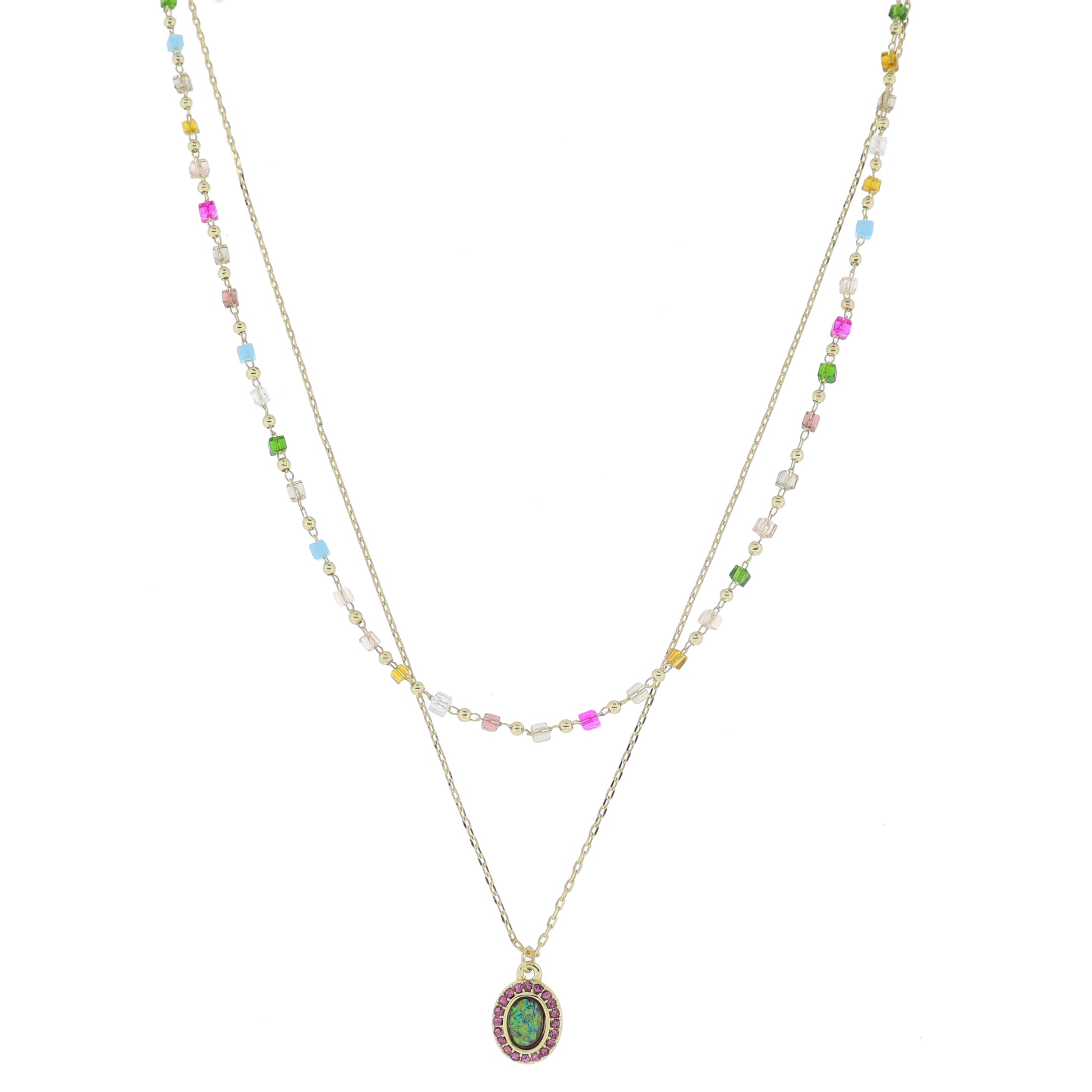 15", 17" 2 Strand, Multi Cube & Ball Beaded Link Chain, Chain & Purple Opal Necklace, .5" Pendant