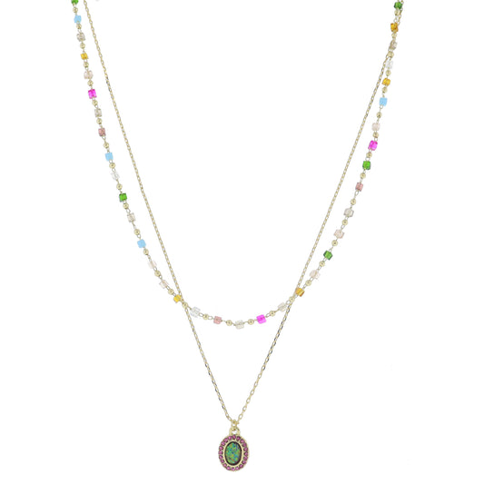 15", 17" 2 Strand, Multi Cube & Ball Beaded Link Chain, Chain & Purple Opal Necklace, .5" Pendant