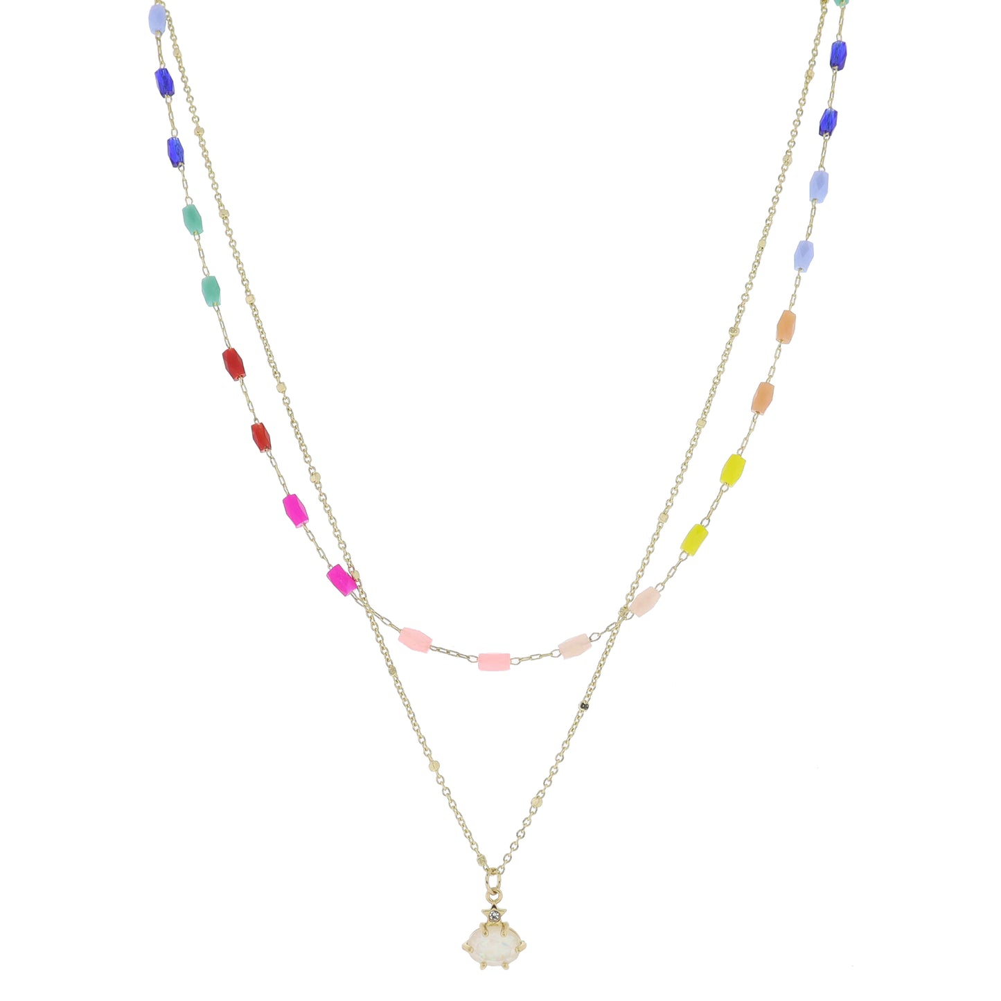 15", 17" 2 Strand, Multi Faceted Beaded Chain, Gold Chain & Star with Opal Necklace, .35" Pendant