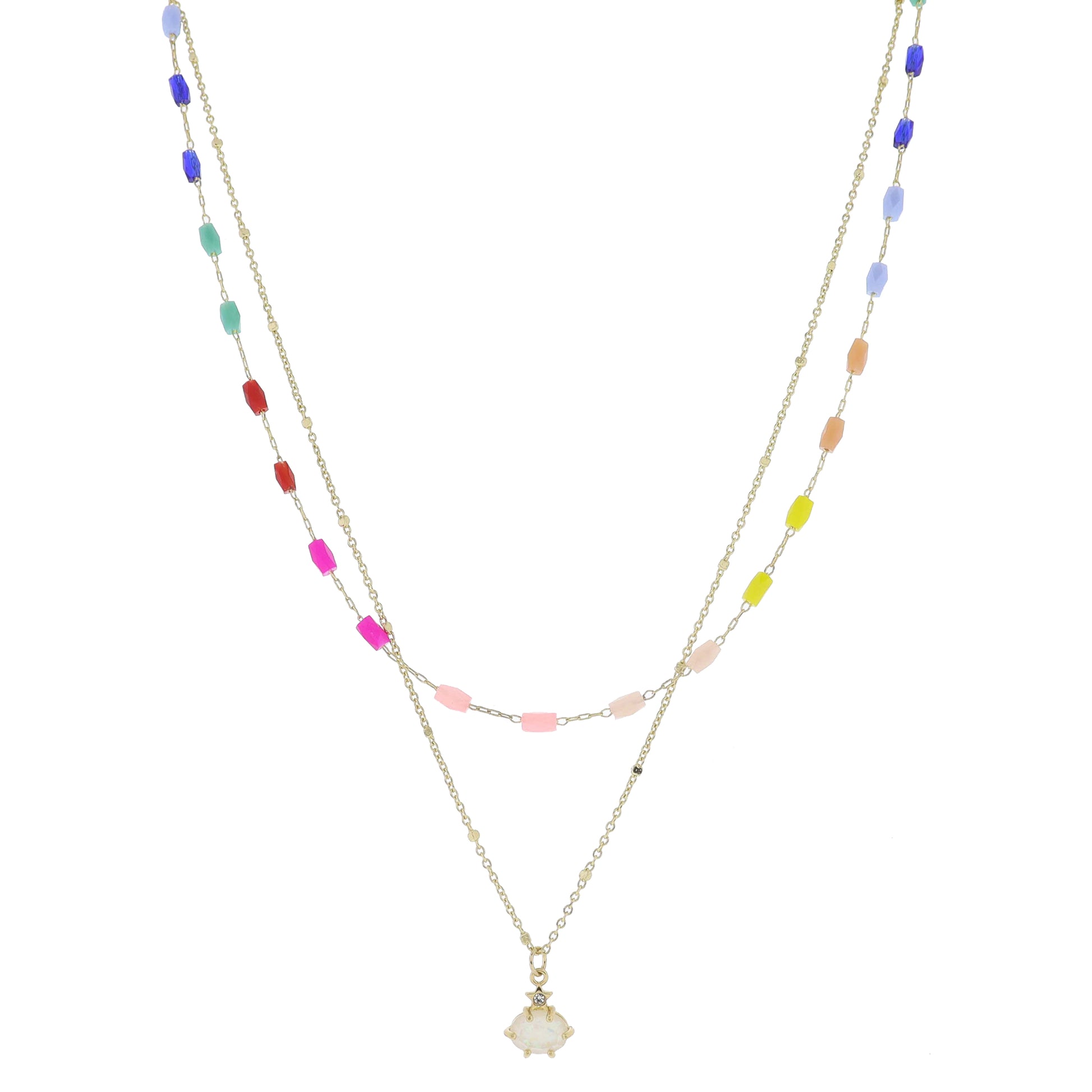 15", 17" 2 Strand, Multi Faceted Beaded Chain, Gold Chain & Star with Opal Necklace, .35" Pendant