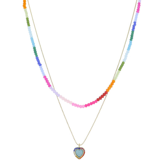15", 17" 2 Strand, Multi Colorblock Bead, Chain & Mint Heart, Crystal Edge Necklace, .5" Pendant